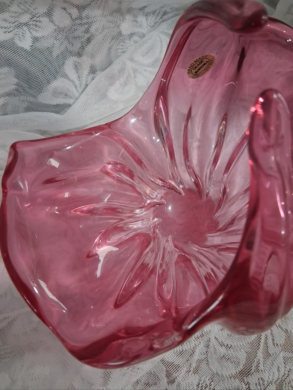Vintage Bohemian Art Glass Basket Cranberry Clear Cased Glass Mid Century Czech - Picture 15 of 16